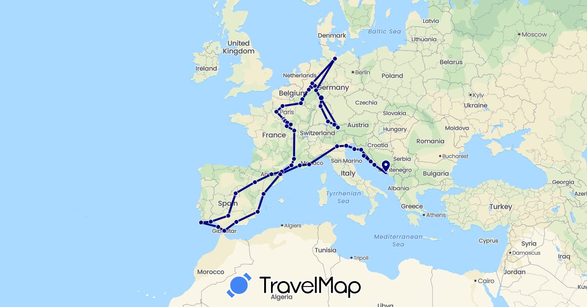 TravelMap itinerary: driving in Andorra, Austria, Belgium, Germany, Spain, France, Gibraltar, Croatia, Italy, Luxembourg, Portugal (Europe)